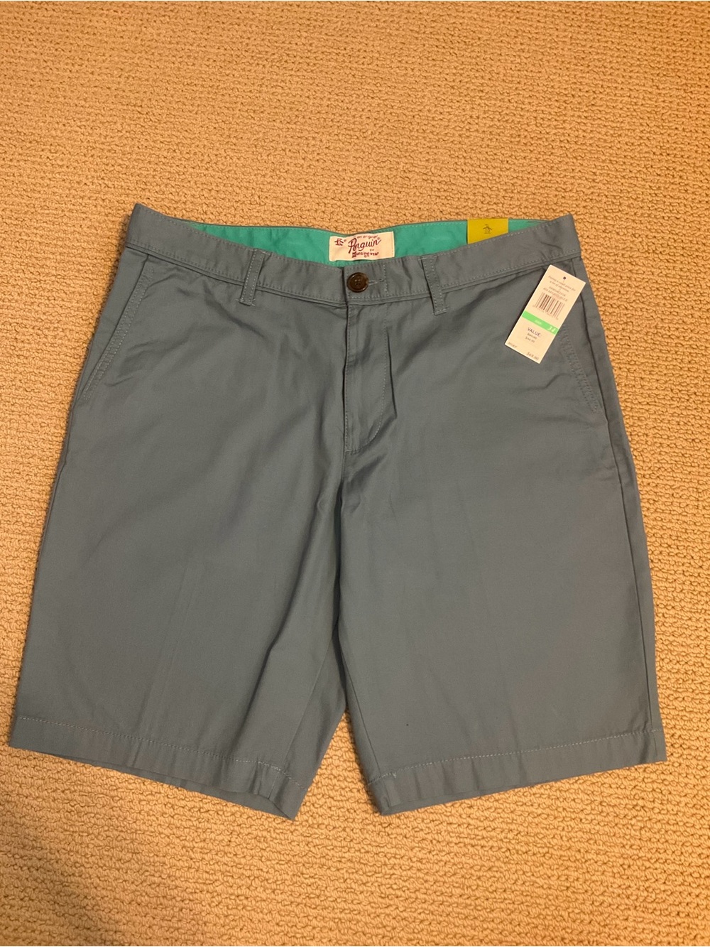 Original Penguin Aegean Blue Flat Front Straight Fit Men's Shorts Sz 34